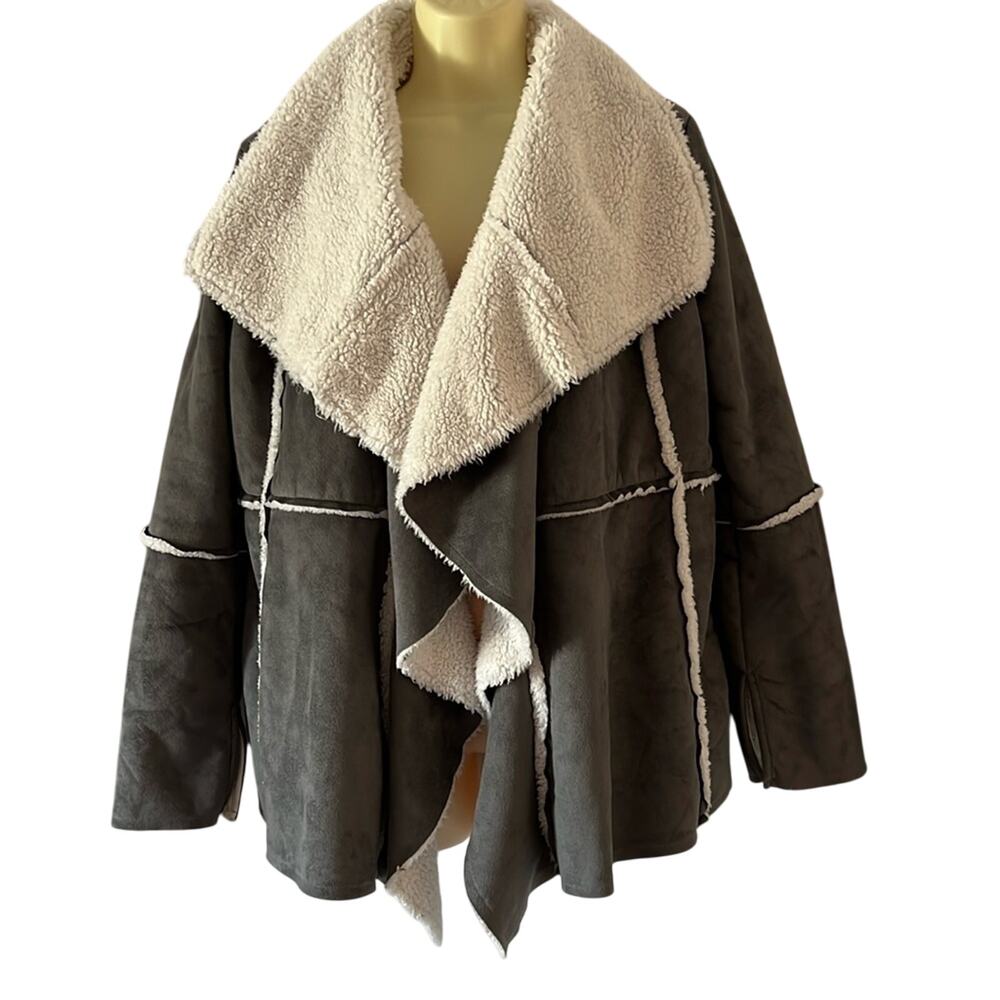 Women’s Gray Faux Suede Sherpa Jacket Fall Winter Coat Cute Fuzzy Cozy Size S